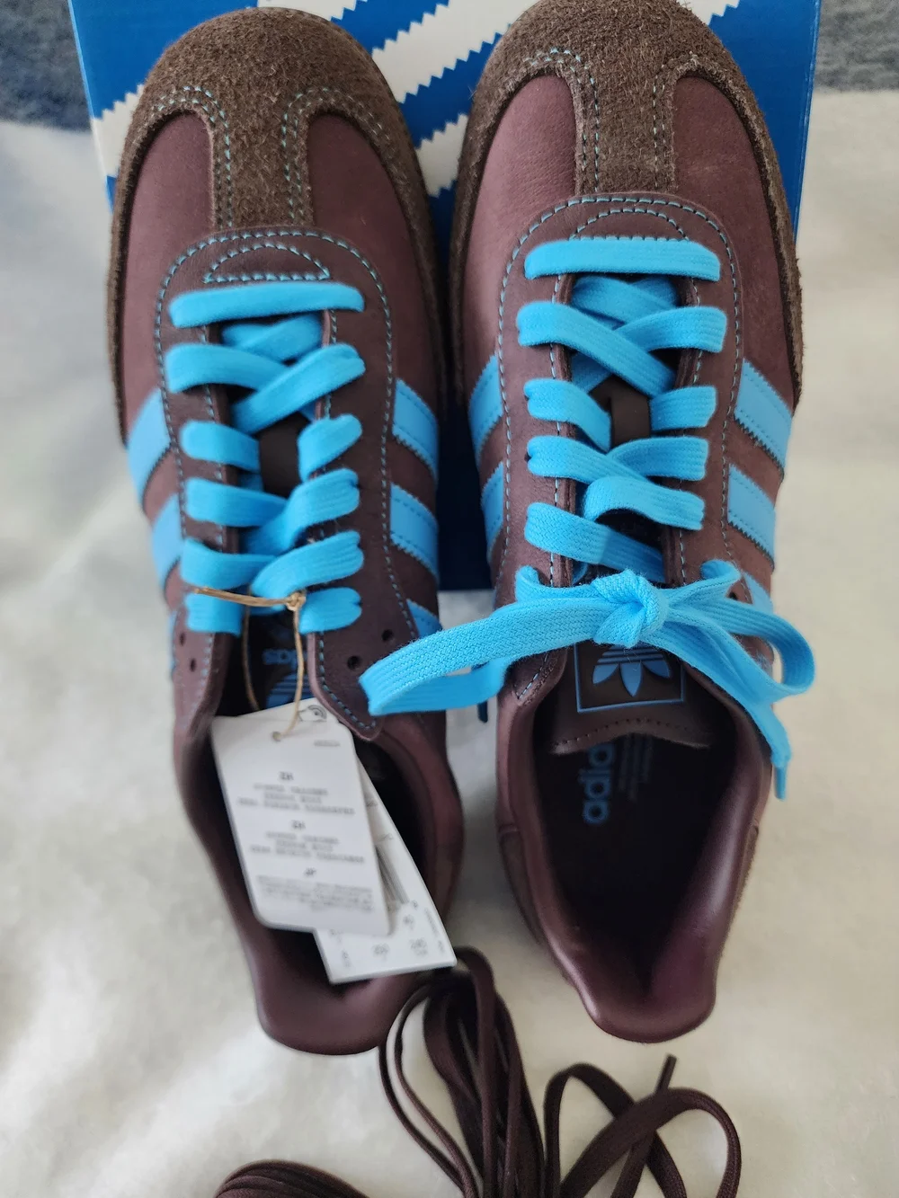 adidas Brown Suede Sneakers with Bright Blue Stripes and Laces - Picture 2 of 11